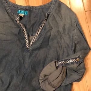 jean shirt with white embroidery
